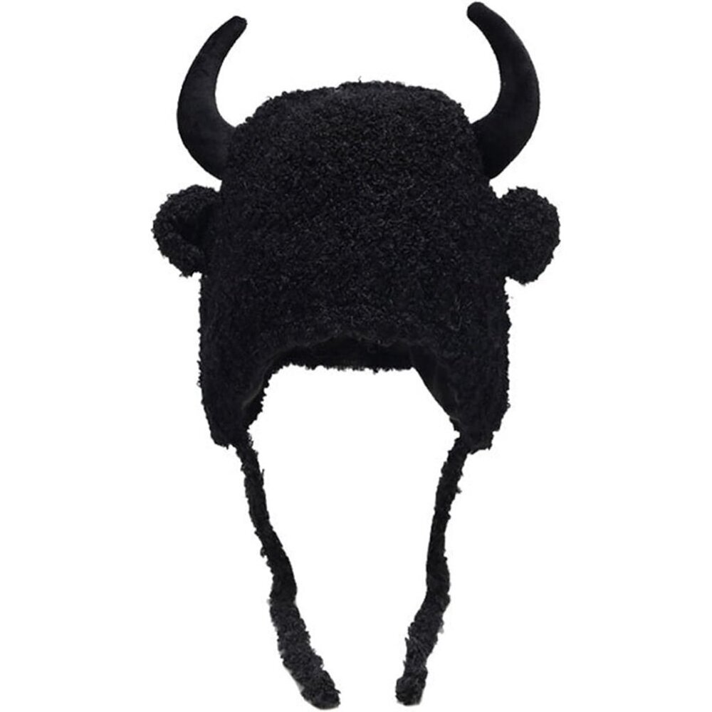 Men B-black Furry Buffalo Horn Winter Hat Unisex Faux Fur Earflap Trooper Cap